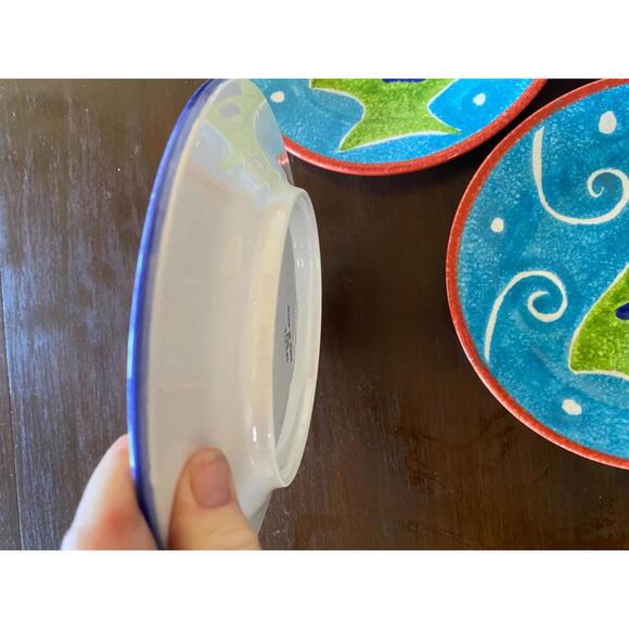 3 Ceramic 8" Fish Salad Plates Made In Italy For Vietri Bright Color Blue Yellow - Picture 3 of 6